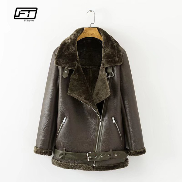 Fitaylor Winter Faux Lamb Leather Jacket Women Faux Leather Lambs Wool Fur Collar Suede Jacket Coats Female Warm Thick Outerwear