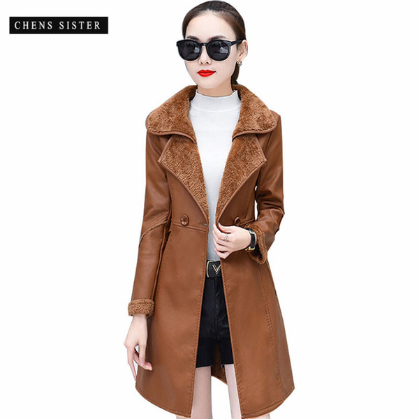 [CHENS SISTER] Women's Lapel Faux Fur Fleece Lined Parka Warm Winter Coat Leather Jacket Long Plus Size Jacket Leather