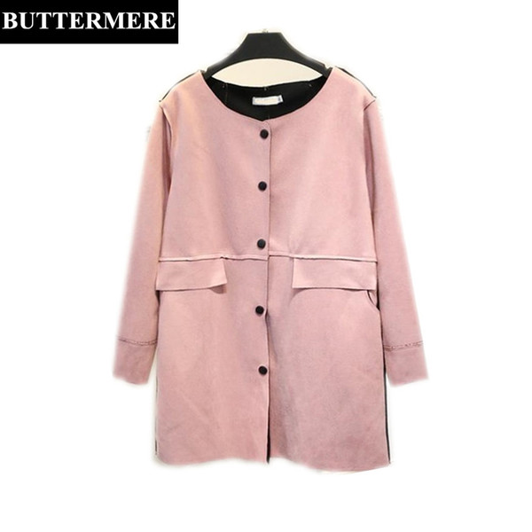 BUTTERMERE Brand Long Leather Jacket Women Pink Suede Jacket Solid Autumn Long Sleeve Plus Size Loose Casual Ladies Coat