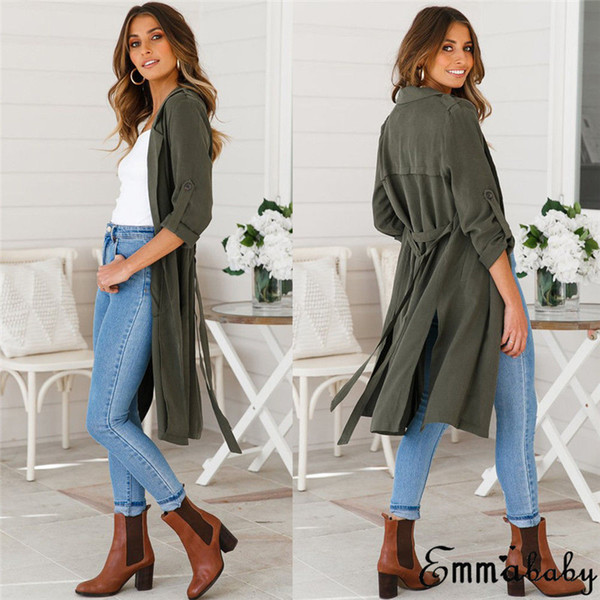 New Trendy Women clothes Loose Long Sleeve Cardigan Trench turn-down collar pocket solid Polyester Outwear one pieces