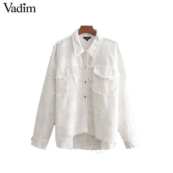 Vadim elegant hollow out embroidery loose denim jacket coat pockets fringe tassel oversized coats casual outerwear tops CA059