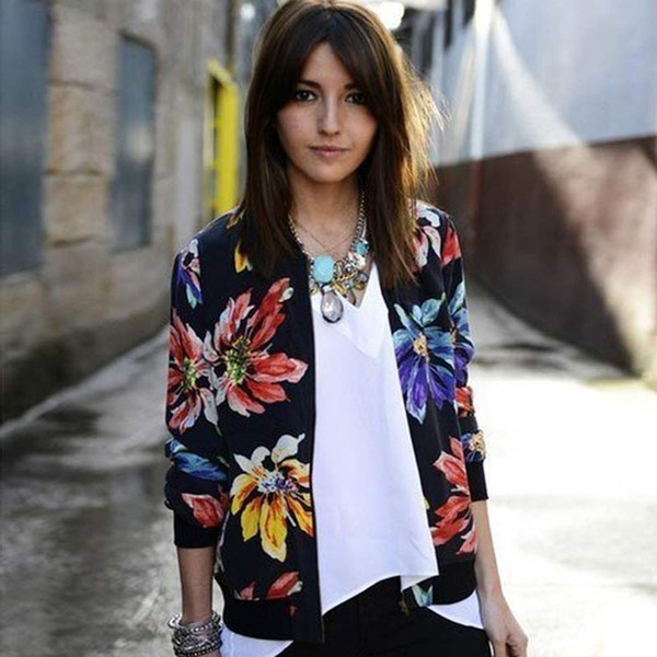 Trendy Retro Women Flower Print Casual Baseball Sweatshirt Zipper Thin Bomber Jacket Long Sleeves Coat Outwear -MX8