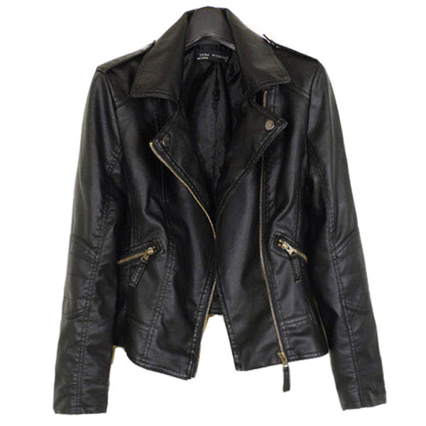 Women Pu Leather Jacket Fashion Motorcycle Coat Female Rivet Long Sleeve Short Design Lapel Collar Basic Coat