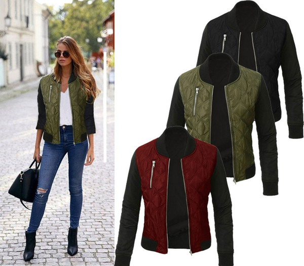 Autumn Winter Leisure Fashion Solid Women Jacket O-neck Zipper Stitching Quilted Bomber Jacket Women Coats