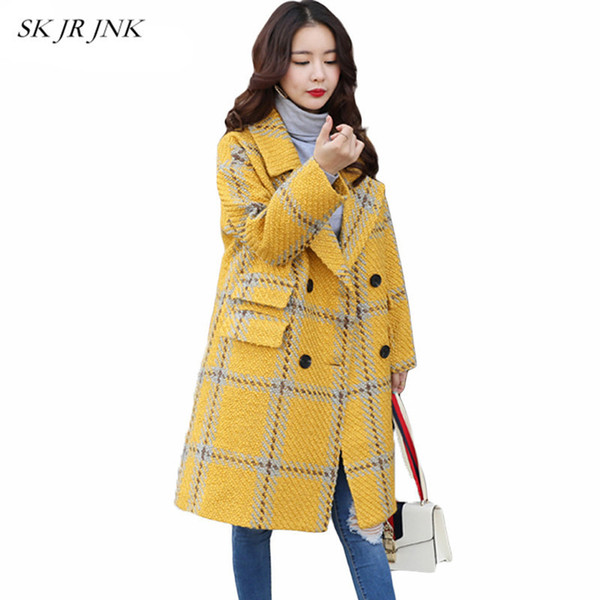 Winter Woolen Blend Coat Women 2018 New Casual Loose Yellow Plaid Trench Coat Cashmere Overcoat Long Lapel Wool Coats SR342