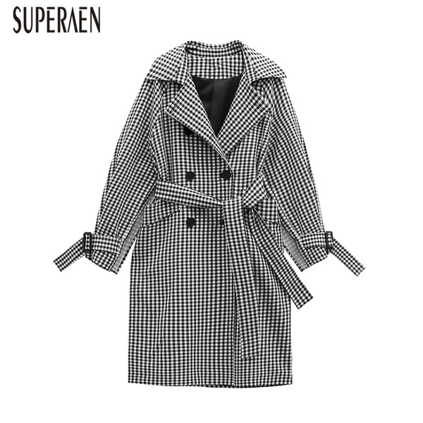 SuperAen Plaid Trench Coat for Women Fashion Europe Cotton Wild Autumn New Windbreaker Female Loose Double-breasted Coats