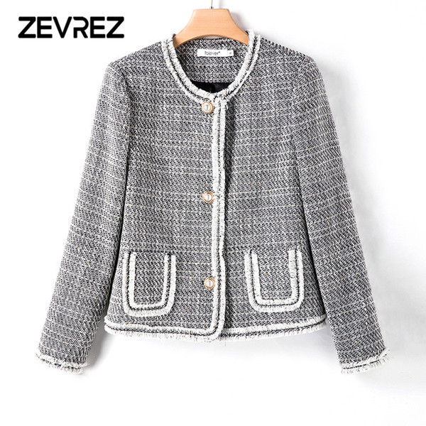 2018 Autumn Vintage Tweed Jackets Women Short White Coats Casual O-Neck Jacket Female Streetwear Slim Outwear Plus Size Zevrez