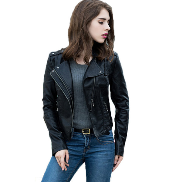 Jaqueta Couro Feminina 2017 Spring Autumn Black Leather Jacket Fashion Women Slim Long Sleeve Short Motorcycle Biker Jacket Coat