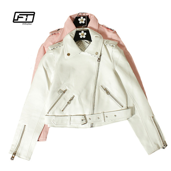 Fitaylor Women Zipper Faux Leather Jacket Autumn Pink White Moto Jacket Casual Winter Streetwear Punk Biker Outwear Coat