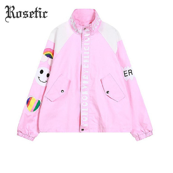 Rosetic Pastel Goth Casual Jacket Cartoon Letter Print Pink Girl Loose Sweet Harajuku Rainbow Fitness Out Cool Baseball Coat