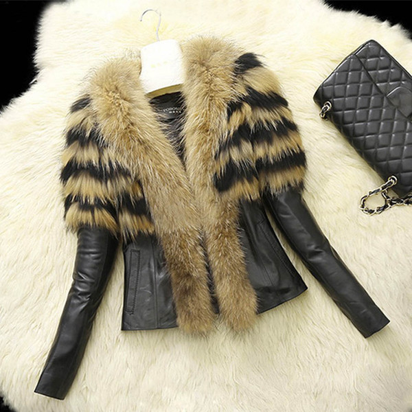 S-XL Women Faux Fur PU leather Jackets and Coat Womens Autumn Winter Fur Jackets Long raccoon Collar Coats