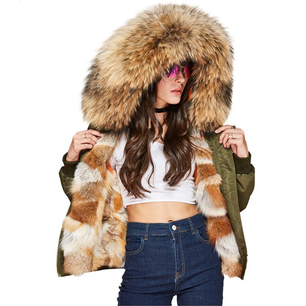 New winter High Fashion street Women's Luxurious Real fox fur liner bomber jacket mini parka Hooded Coat warm Outwear