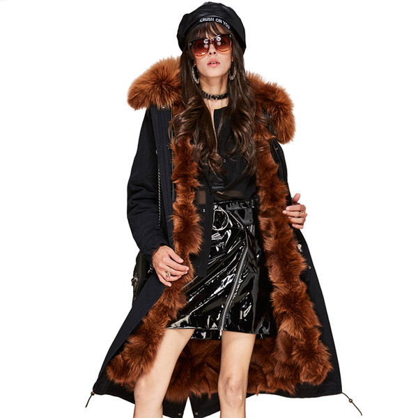 New Fashion Woman Luxurious Real Fox fur lining X-Long Parka Large Raccoon fur Hooded Military Coat Winter Jacket