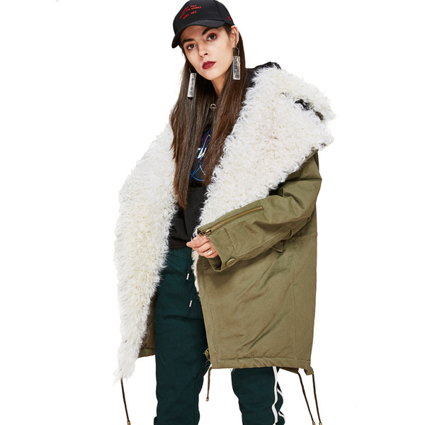 Latest Fashion Women's real lamb fur large turn-down collar Coat Military Parka casual Outwear oversize Winter Jacket