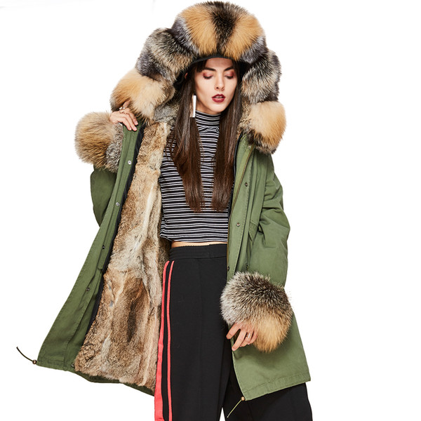 New Fashion Women's Luxurious real fox fur Collar hooded Coat Military Parkas warm rabbit lining Winter Jacket