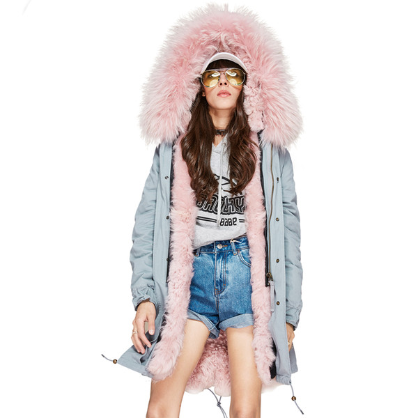 New Winter high Fashion Women's lambskin lamb fur parka midi real raccoon fur Hooded Coat Outwear baby blue Jacket