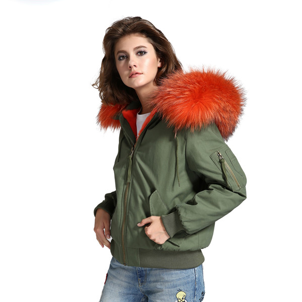 high fashion street Women's Down & Parkas army green winter jacket female warm bomber coat hooded large raccoon fur outwear