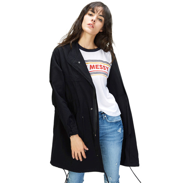 2018 Autumn New Women's Casual Trench Army Green Md-Long version Outerwear Cotton Vintage Washed Loose Clothing