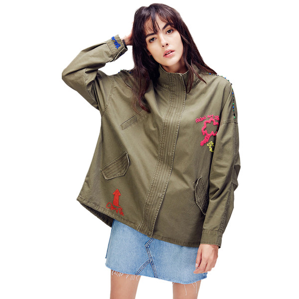 2018 Autumn New Fashion Women's Embroidery Rivet Casual Cotton jacket Army Green Outwear Vintage Washed Loose clothing