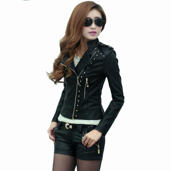 Women Motorcycle Jacket With Rivet 2017 Fashion Solid Slim Long Sleeve Short Coat For Women High Street Female PU Jacket Free Shipping