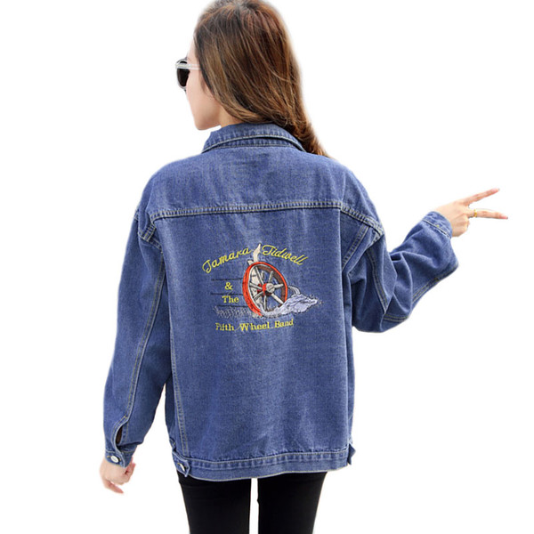 Spring Europe Fashion Loose Turn-down Collar Single Breasted Pocket Washed Denim Embroidery Loose Outerwear Jackets Women