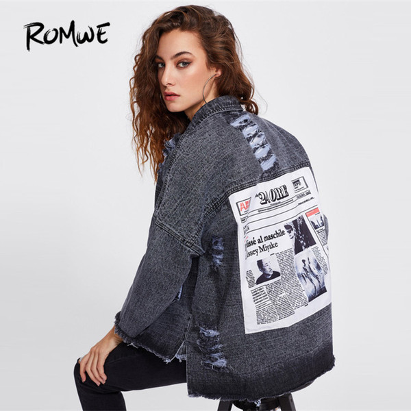 ROMWE Drop Shoulder Patch Back Distressed Jacket Grey Single Breasted Lapel Boyfriend Style Jacket Ladies Spring