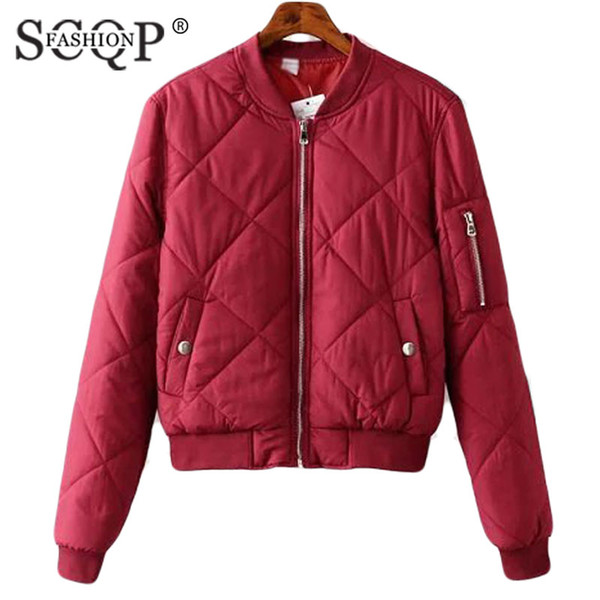 SCQP FASHION Red Wine Cotton Solid Womens Winter Jackets V-Neck Zippers Pockets Botton Women Coats Long Sleeve Casual Jackets