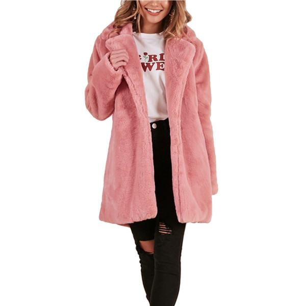 Winter Thick Warm Women Pink Long Faux Fur Coat Turn Down Collar Female Hairy Furry Overcoat Plus Size Manteau Femme Hiver