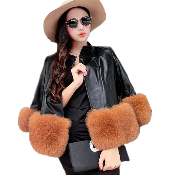 Plus Size New Arrival Women Leather Jackets Slim PU Leather Jacket Coat Brand Faux Fox Fur Stitching Warm Jacket And Coats CT201