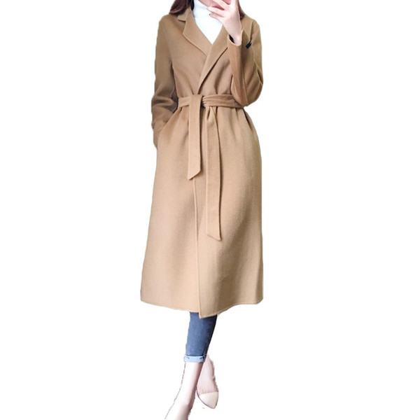 new spring autumn women woolen coat fashion turn down collar belt wool jacket plus size female elegant Long sleeve coats