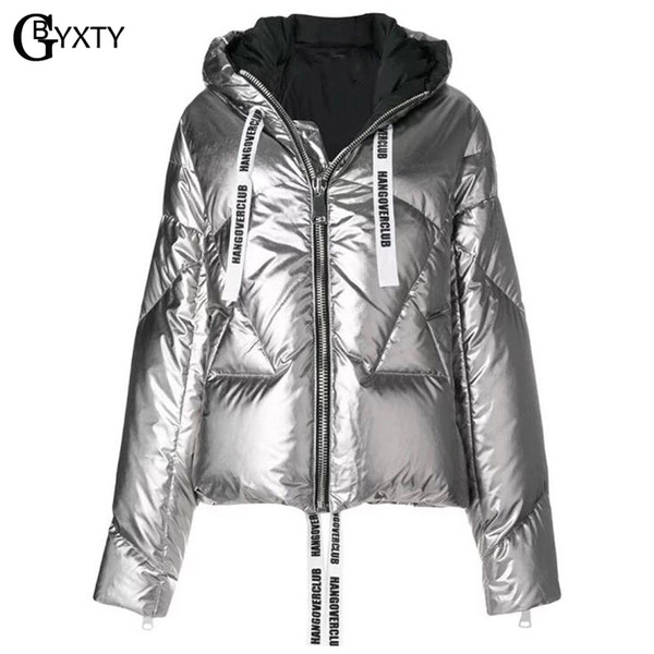 GBYXTY Sliver Feather Puffer Jacket Women Winter Fashion Hooded Shine Duck Down Jacket and Coat Femme Down Parka Mujer ZA1254