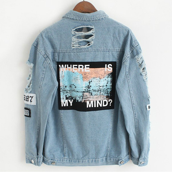 Autumn Fashion Coat Vangull Women Frayed Denim Bomber Jacket Appliques Print Where Is My Mind Lady Vintage Elegant Outwear