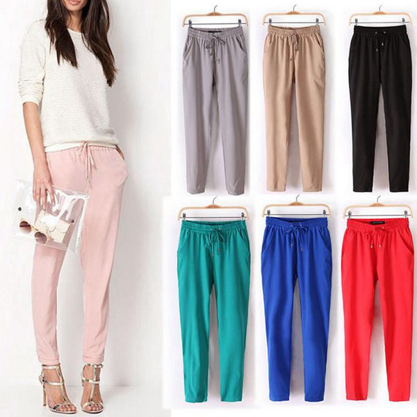 Laamei 2019 Women Casual Loose Harem Pant Solid Elastic Waist Long Pants Autumn Stretch Trousers Pantalone OL Style Chiffon Pant