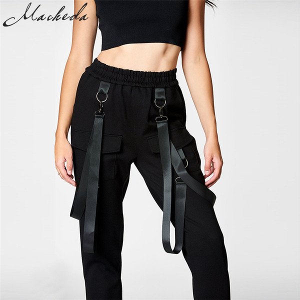 Macheda Female Black High Waist Harem Pants Women Fashion Slim Solid Color Long Pants Casual Streetwear With Cloth Chain Buckle