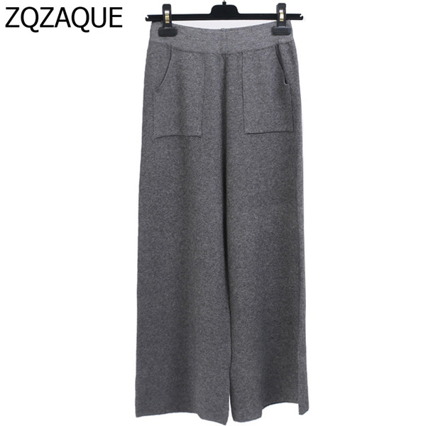 2018 Fall Winter Wide Leg Pants For Women Casual All-match Straight Boom Knit Pants With Pockets High Waist Trousers SY1422