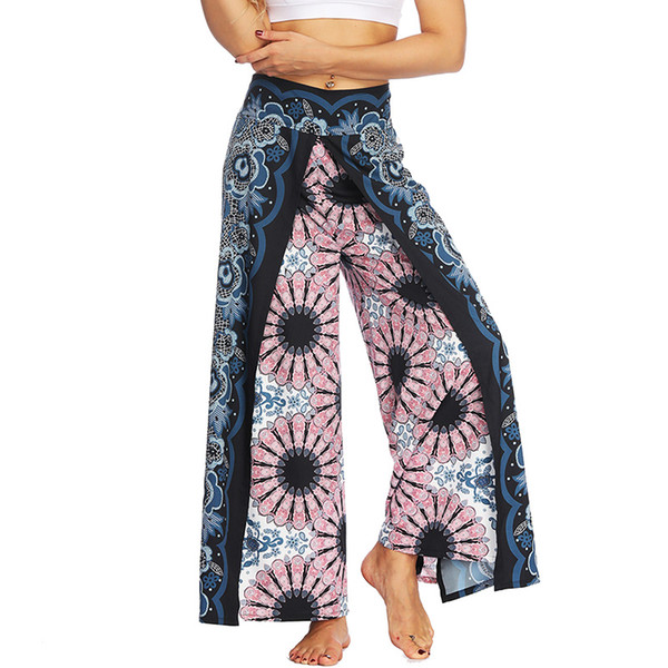 Boho Mandala National Style Printed Pants Women Tiered Split Straight Belly Hippie Thai Long Pants Holiday Casual Loose Trousers