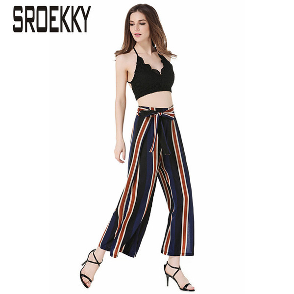 Fashion Office Ladies Pants New Sexy Striped Split Wide Leg Pants Casual Mid Waist Holiday Loose Trousers Women With Belt