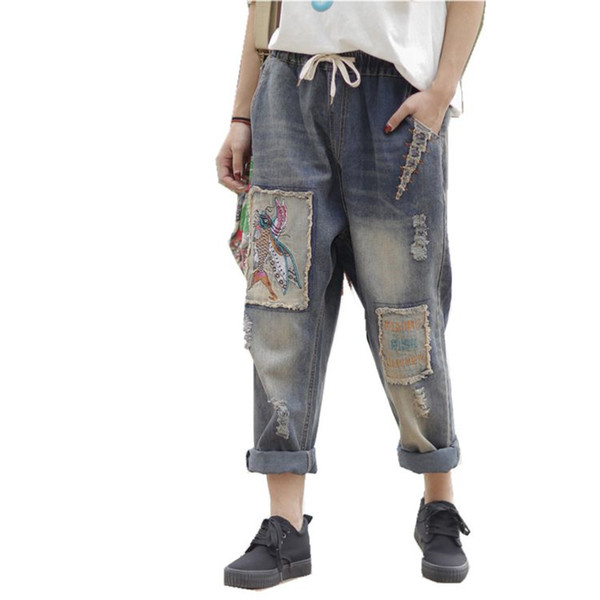 2017 Boo Ace Womens Patchwork Ripped Harem Jeans Pants Hip Hop Vintage Loose Jogger Free Size YF01639