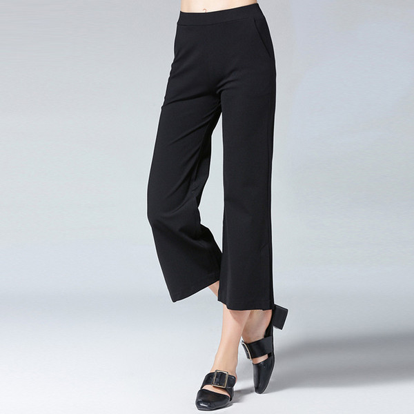 2018 loose Stretch Calf-length pants casual Straight Pants Mid waist Side of the split solid Elastic waist Spring summer