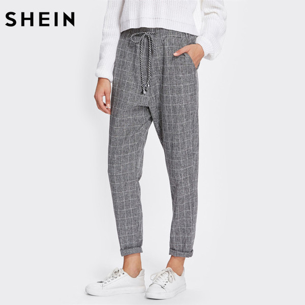 SHEIN Rolled Hem Drawstring Plaid Pants Grey Drawstring Waist Pants Trousers Casual Women Mid Waist Loose