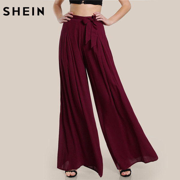 SHEIN Self Tie Fold Pleated Palazzo Pants Women Bottoms 2017 Women Casual Pants Burgundy Mid Waist Wide Leg