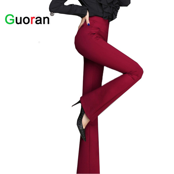 {Guoran} High Quality Women Wide Leg Pants Black Red High Waist Female Formal Office Work Trousers Ladies Stretch pantalon Femme