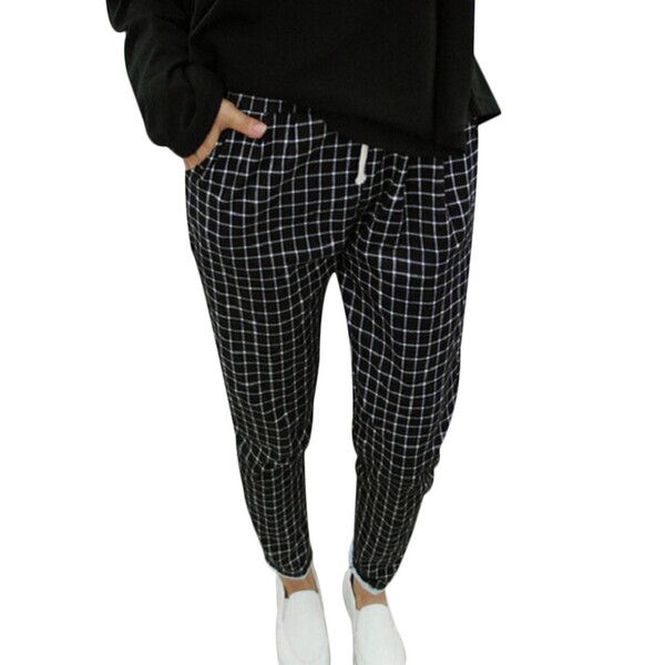 Plus size autumn Korean style women slim plaid harem pants mid waist drawstring pocket pants loose casual full length