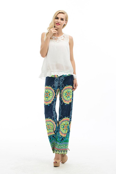 Summer Ladies Sexy Fashion Loose Stretch elastic High Waist Wide print floral blue Leg Long Pants Palazzo Trousers