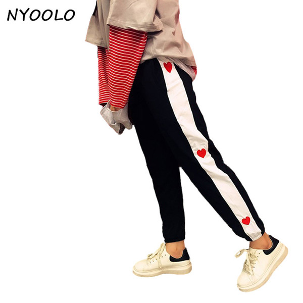 NYOOLO New streetwear spring autumn love embroidery stitching mid elastic waist hip-hop long pencil pants women/men pants