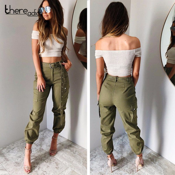 SANTUNE 2018 Cargo Elasticated Trousers Women's Big Pockets On Both Sides Trousers Casual Long Straps Safari High Waist Pants