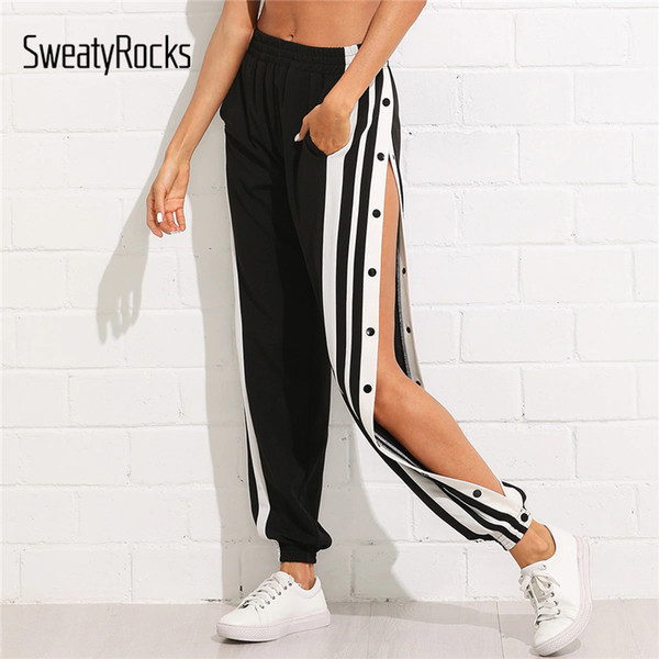 SweatyRocks Snap Button Striped Side Pants Streetwear Women Tapered Pants 2019 Fashion Spring Style Black And Trousers