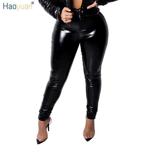 HAOYUAN Skinny PU Leather Pencil Pants Stretch Ladies Legging Streetwear Winter Women Thick Velvet Warm High Waist Sexy Trousers