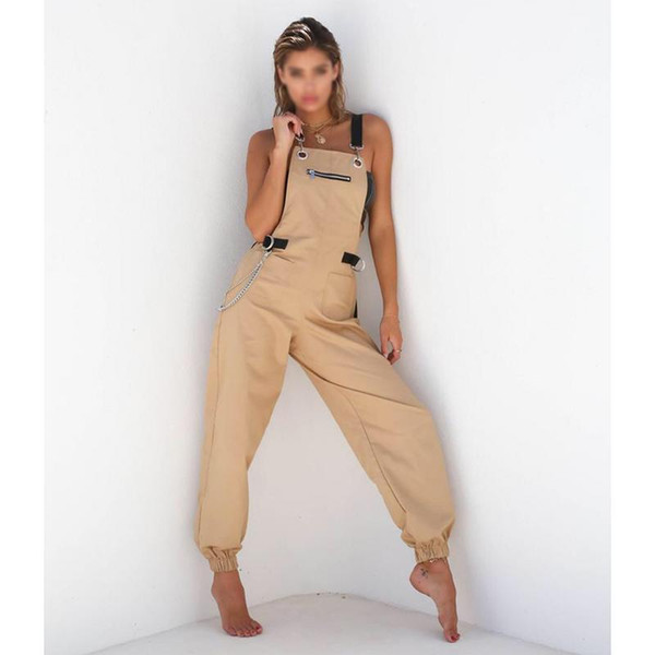 Women's Fashion Loose Solid Jumpsuit Chain Casual All-Matched Pockets One-Piece Siamese Strap Trousers Plus Size