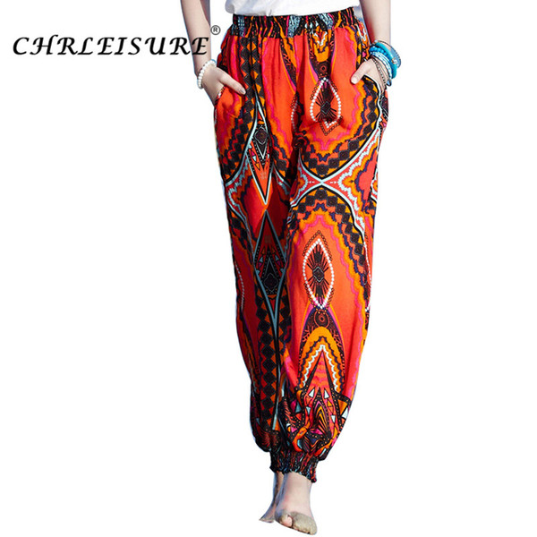 CHRLEISURE M-2XL Summer Boho Beach Pants Women Summer Printed Harem Pants Large Size Loose Bohemian Bloomers Trousers Women